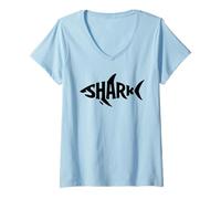 Womens Minimalist Shark Word Art Design for Marine Life Lovers V-Neck T-Shirt