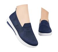 Womens Minimalist Slip On Trainers Comfortable Nordic Walking Shoes Ladies Breathable Mesh Sport Shoes Shallow Mouth Air Cushion Wedge Sneakers Wide Fit Orthopedic Trainer for Outdoor Dark Blue