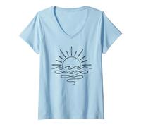 Women's Minimalist Sun Ocean Waves Line Art Design V-Neck T-Shirt