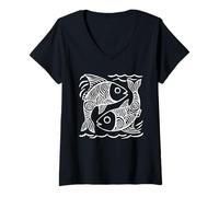 Womens Minimalist Tribal Hand Draw Fish V-Neck T-Shirt