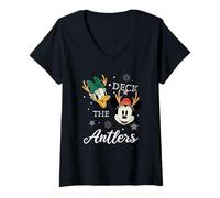 Womens Minnie Mouse and Daisy Deck The Antlers Christmas V-Neck T-Shirt