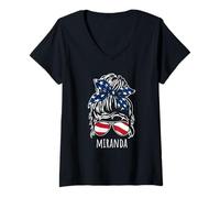 Womens Miranda Messy Hair Bun with USA Ribbon Sunglasses Designs V-Neck T-Shirt