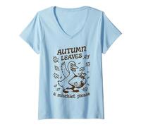 Women's Mischievous Duck Autumn Leaves Fall Season Humor V-Neck T-Shirt