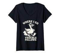 Women's Mischievous Duck Where I Go Trouble Follows V-Neck T-Shirt
