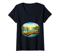 Women's Mississippi River Steamboat Sunset Landscape V-Neck T-Shirt