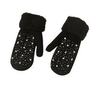 Women's Mittens with Pearl Appliqué, Knitted Winter Gloves with Fluffy Lining, Elegant Mittens for Cold Days, style_d01 black, One size