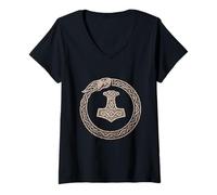 Womens Mjölnir Surrounded by Jörmungandr, The Midgard Serpent. V-Neck T-Shirt