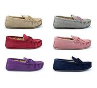 Womens Moccasin Slippers Real Suede Slippers Slip On Womens Slippers Ladies Slippers Womens Moccasins Leather Slippers Genuine Leather Genuine Suede Pink/Grey/Navy/Stone/Red/Purple 5 UK
