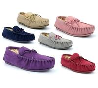 Womens Moccasin Slippers Size 3 Girls Slippers Ladies Moccasins Womens Moccasins Carpet Slipper Slip On Slipper Suede Leather Real Suede Genuine Leather Pink/Grey/Navy/Stone/Red/Purple 5 UK