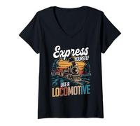 Womens Model Train Express Yourself Like Locomotive V-Neck T-Shirt