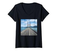 Women's Modern Bridge Road Ocean Mountain Scenic Drive View V-Neck T-Shirt