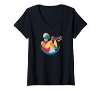 Womens Modern Cubist Abstract Style Musician Trumpeter V-Neck T-Shirt