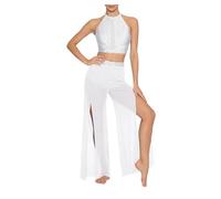Women's Modern Dance Outfit Rhinestone Sleeveless Open Back Tank Top Wide Leg Pants Ballet Costume