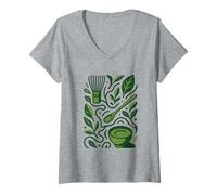 Womens Modern Matcha Tea Art - Minimal Green Botanical Design V-Neck T-Shirt