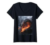 Women's Molten Dragon Looming Over a Fiery Lava Stream V-Neck T-Shirt