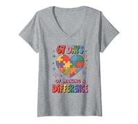 Womens Mom Dad 67 Days Making A Difference Autism Teacher ADHD V-Neck T-Shirt