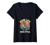Women's Mom Life Dino Style T Rex Dinosaur Retro Sunset Mom V-Neck T-Shirt