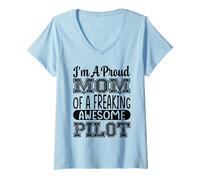 Womens Mom of A Freaking Awesome Pilot Pilot Airplanes Aviator V-Neck T-Shirt