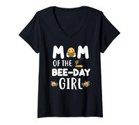Womens Mom Of The Bee-Day Girl Cute Birthday V-Neck T-Shirt
