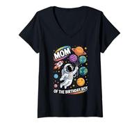 Womens Mom of The Birthday Boy Funny Space Astronaut Design V-Neck T-Shirt