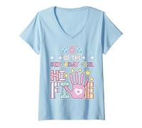 Womens Mom of The Birthday Girl Cute Pastel 5 Year Old Kids Hi 5 V-Neck T-Shirt