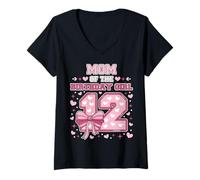 Womens Mom of The Birthday Girl Pink “12” Heart Bow Coquette Bow 12 V-Neck T-Shirt