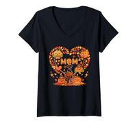 Womens Mom Thanksgiving Dobermann Pupmkins Fall Tree Cute Heart V-Neck T-Shirt