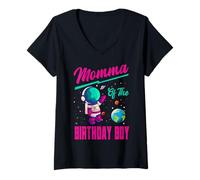 Women's Momma of The Birthday Boy Space Party Planet Astronaut Bday V-Neck T-Shirt