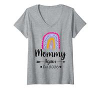 Womens Mommy Again Est 2026 Floral Rainbow pregnancy Reveal V-Neck T-Shirt