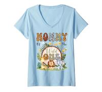 Womens Mommy of The Wild One First Bday Safari Jungle Animal V-Neck T-Shirt
