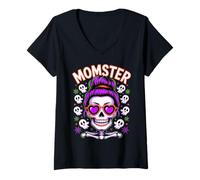 Womens Momster Halloween Costume Skeleton Messy Bun Mother Family V-Neck T-Shirt