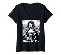 Women's Mona Lisa Beer Lover Irish Funny St. Patrick's Day V-Neck T-Shirt
