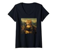 Womens Mona Lisa Cat, Leonardo Davinci Renaissance Parody Artwork V-Neck T-Shirt