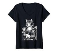 Womens Mona Lisa Cat Lover Leonardo Da Vinci Vintage Cute Kitty Art V-Neck T-Shirt