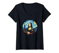 Womens Mona Lisa in the style of Van Gogh Starry Night V-Neck T-Shirt