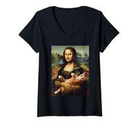 Womens Mona Lisa Kitty Funny Cat Mom Art Leonardo da Vinci V-Neck T-Shirt