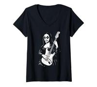 Womens Mona Lisa Rock and Roll Music Teacher Novelty Funny Guitar V-Neck T-Shirt