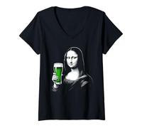 Women's Mona Lisa St Patty's Shamrock Beer Funny St Patrick's Day V-Neck T-Shirt
