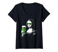 Women's Mona Lisa St Patty's Shamrock Beer Funny St Patrick's Day V-Neck T-Shirt
