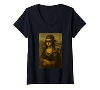 Womens Mona Lisa Street Style Rap Art Boombox Sunglasses Chain V-Neck T-Shirt