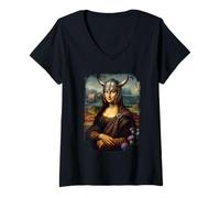 Womens Mona Lisa Viking Helmet Scottish Tartan Plaid Scotland V-Neck T-Shirt