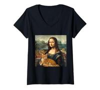 Womens Mona Lisa with Cat Funny Classical Painting Art V-Neck T-Shirt