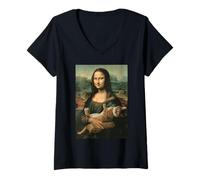 Womens Mona Lisa with Orange Cat Funny Art Painting V-Neck T-Shirt
