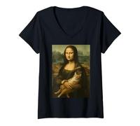 Womens Monalisa with Cat funny Cat owner Lover Lisa Holding Kitty V-Neck T-Shirt