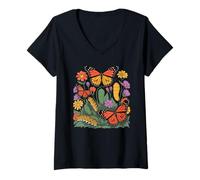 Women's Monarch Butterfly Caterpillar Flowers Metamorphosis V-Neck T-Shirt