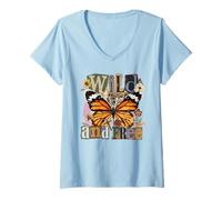 Women's Monarch Butterfly Collage Art Distressed Nature V-Neck T-Shirt