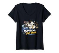 Women's Monday Can Wait - Cat Alarm Clock V-Neck T-Shirt