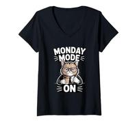 Women's Monday Mode On Cat Coffee Work V-Neck T-Shirt