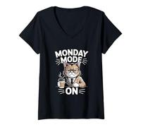 Women's Monday Mode On Cat Coffee Work V-Neck T-Shirt