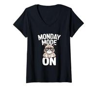 Women's Monday Mode On Cat Coffee Work V-Neck T-Shirt